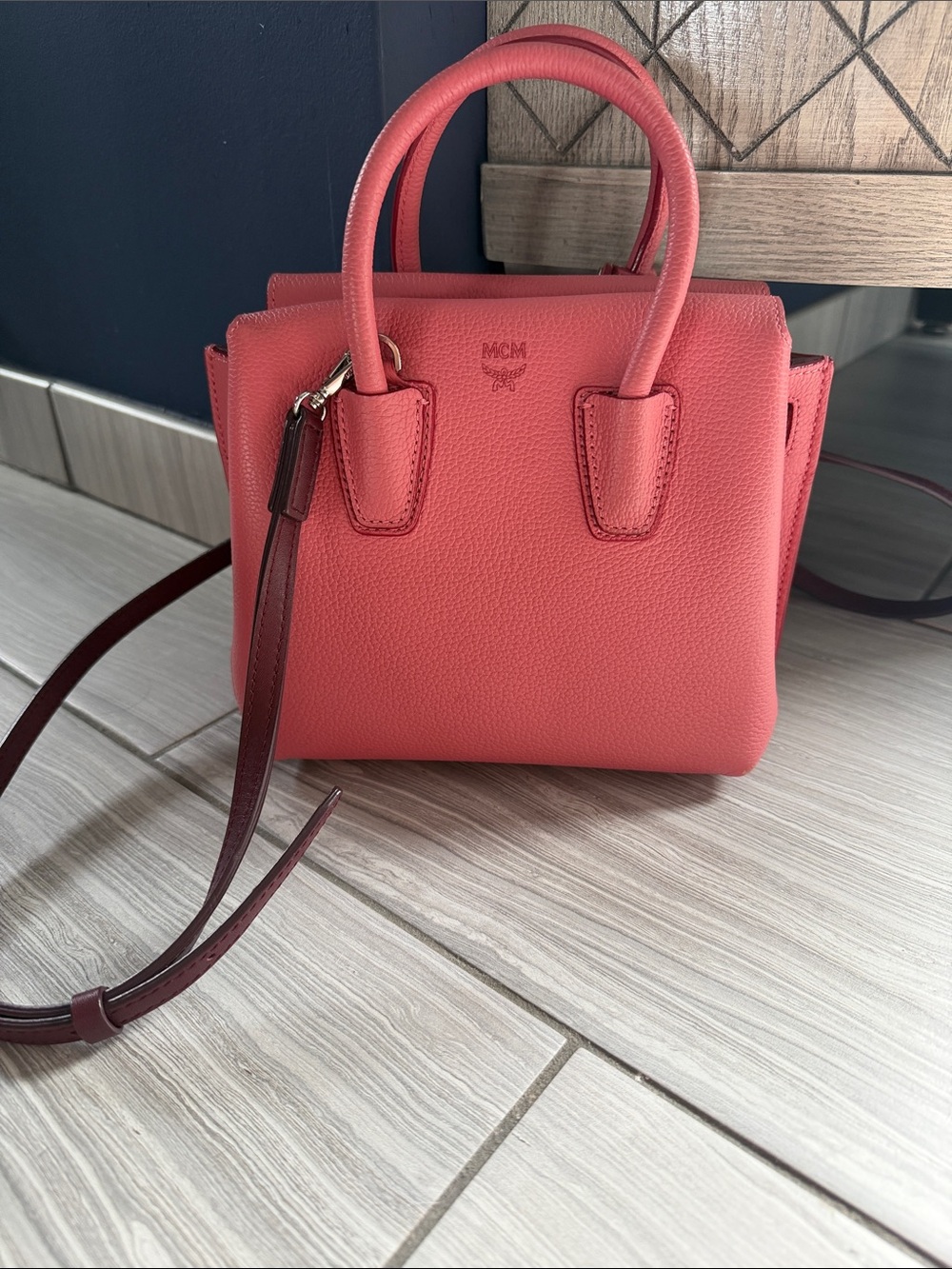 MCM Coral Leather Top-Handle Satchel with Burgundy Strap
